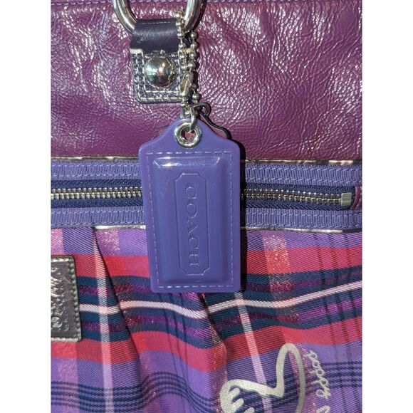 Women's Coach Poppy Purple Plaid Shoulder Bag with Bag Tags - Picture 7 of 15